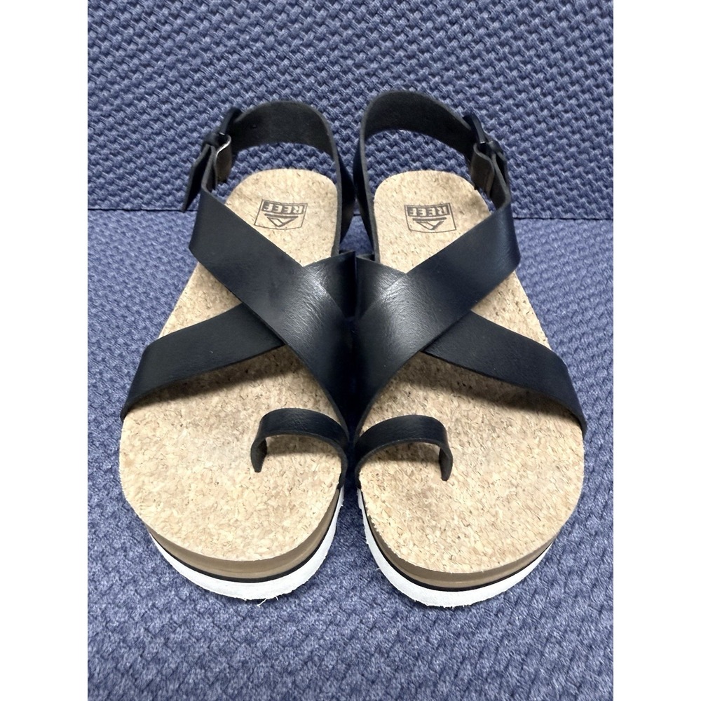 REEF BLACK VEGAN LEATHER PLATFORM SANDALS, US 8
